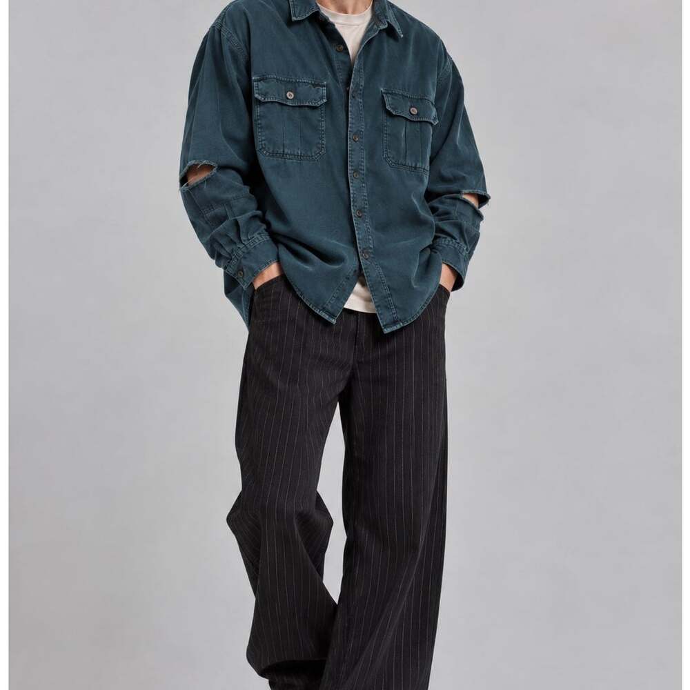 LL Bean Heavyweight Cotton Shirt Work Vintage Blue Grunge Utility Mens L HOLE